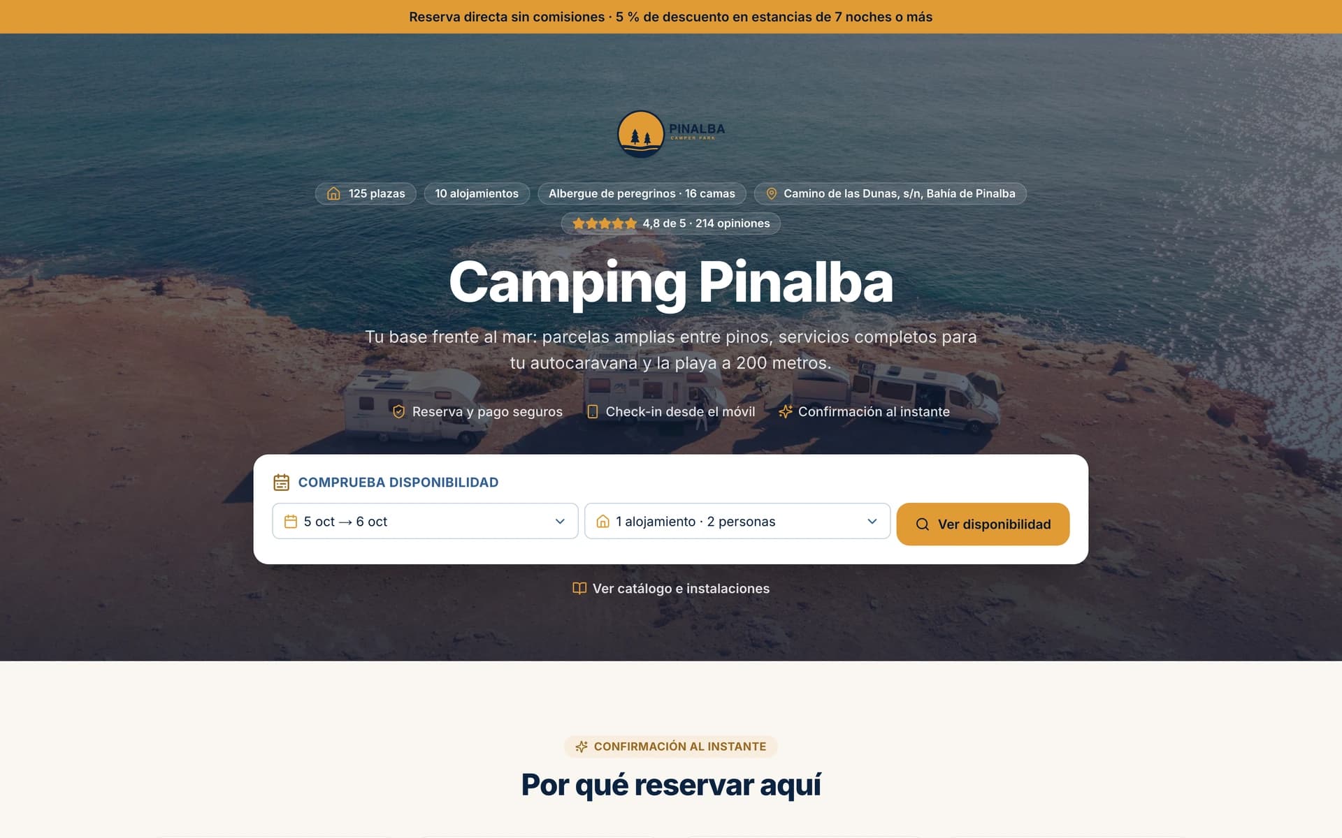 Portal de reservas de un camping con su foto, sus datos y el buscador de fechas