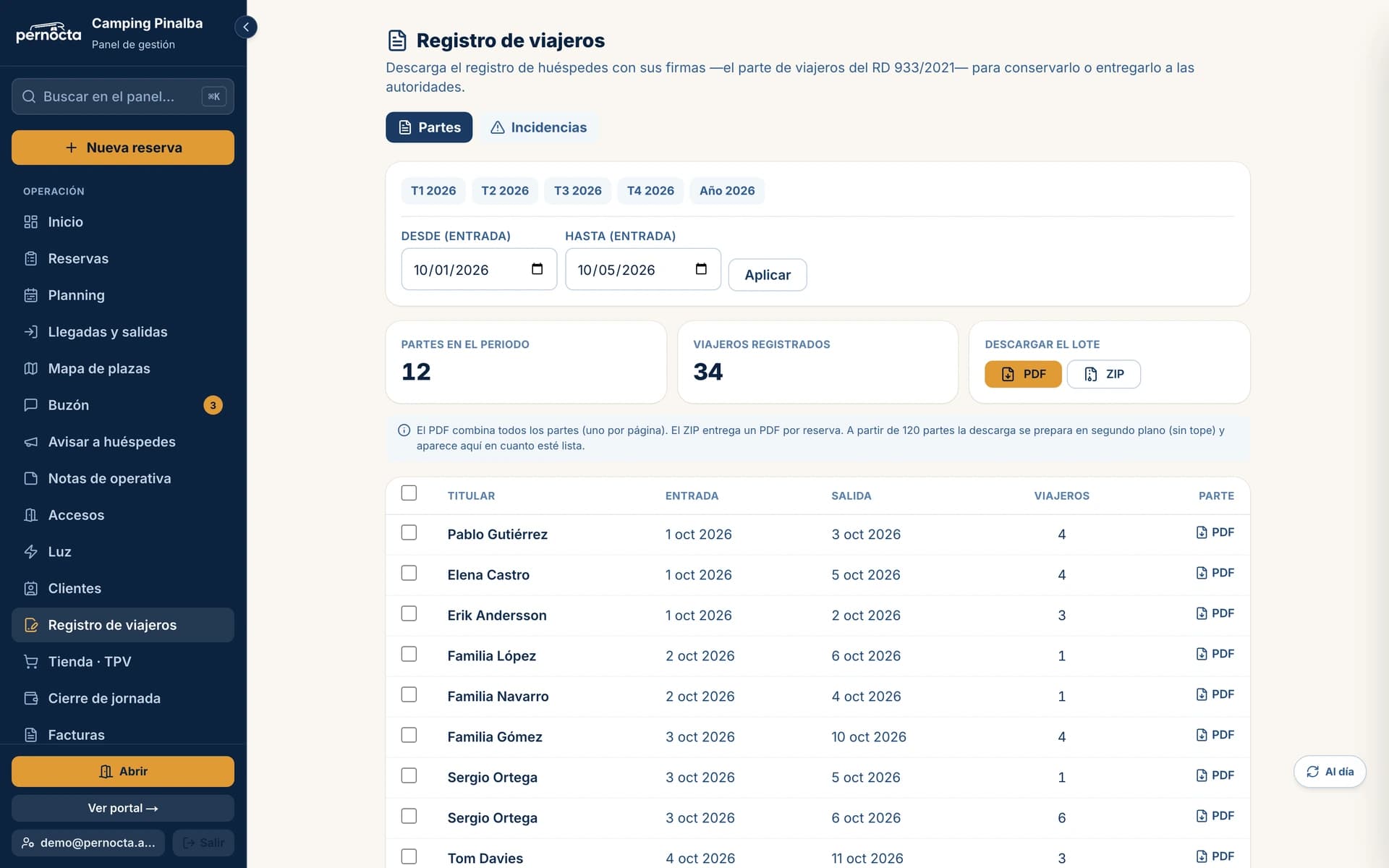 Registro de viajeros con los partes enviados a SES.Hospedajes y su estado