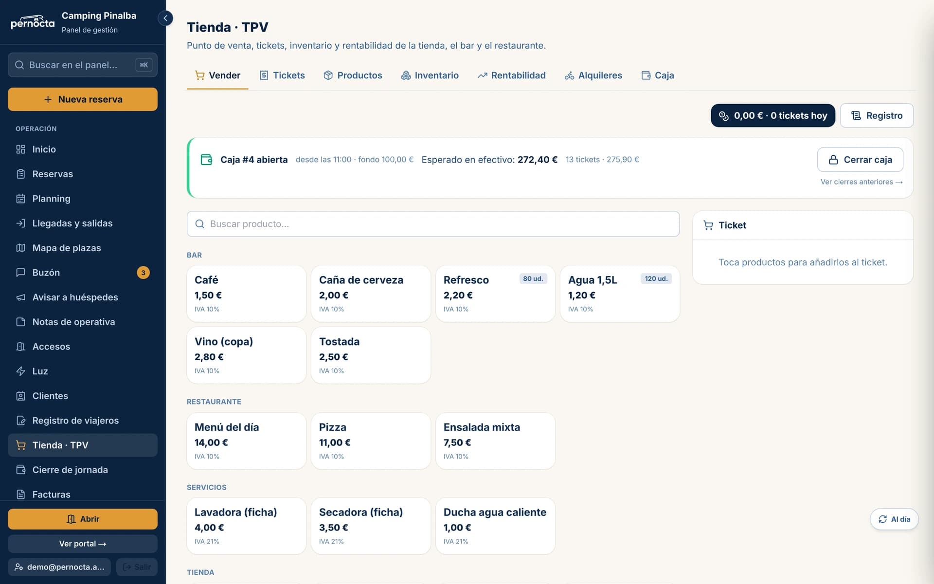 TPV de la tienda del camping con el catálogo de productos y el ticket en curso